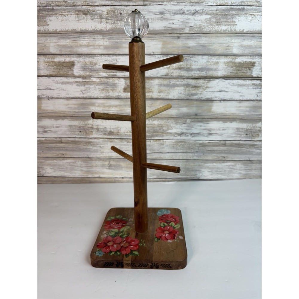 Pioneer‎ Woman Wooden "vintage Floral' Mug Tree Stand Acrylic Knob Holds 6 Mugs